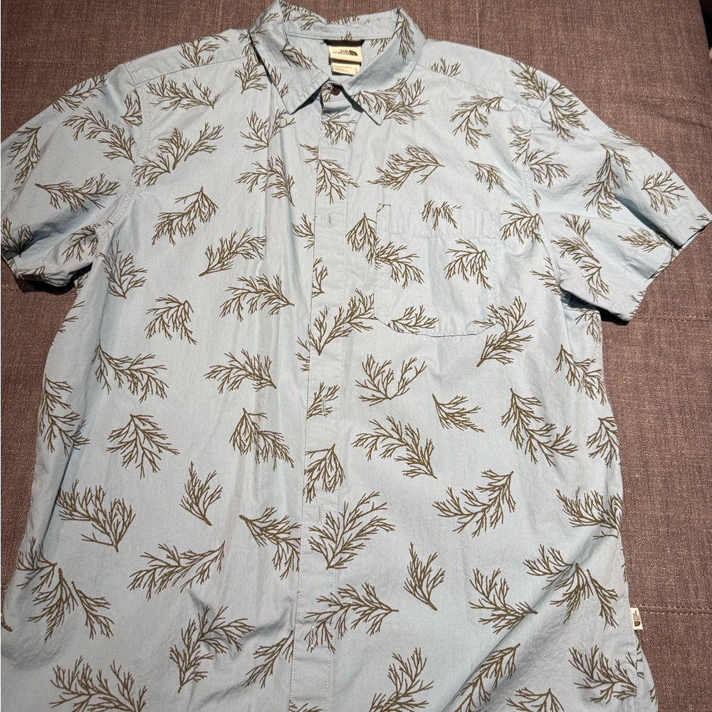 The North Face Light Blue Shirt with Brown Leaf Pattern